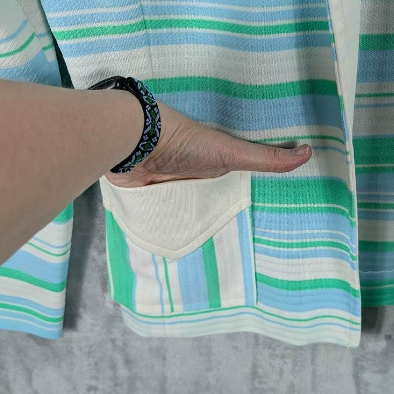 Vtg Dress Womens Medium Striped White Green Blue Sleeveless Knee Length Zip 3 PC