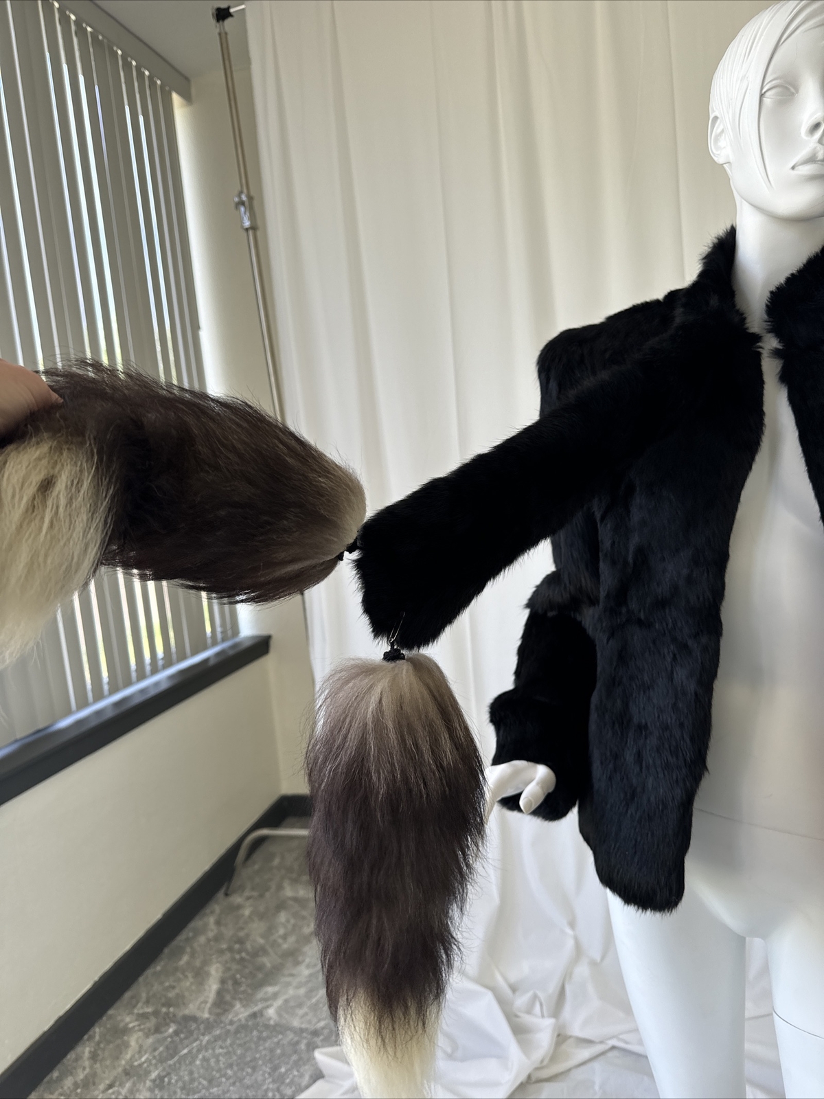 Vintage Black Dyed Rabbit Fur, 100% Genuine, Size S With Fox Tales