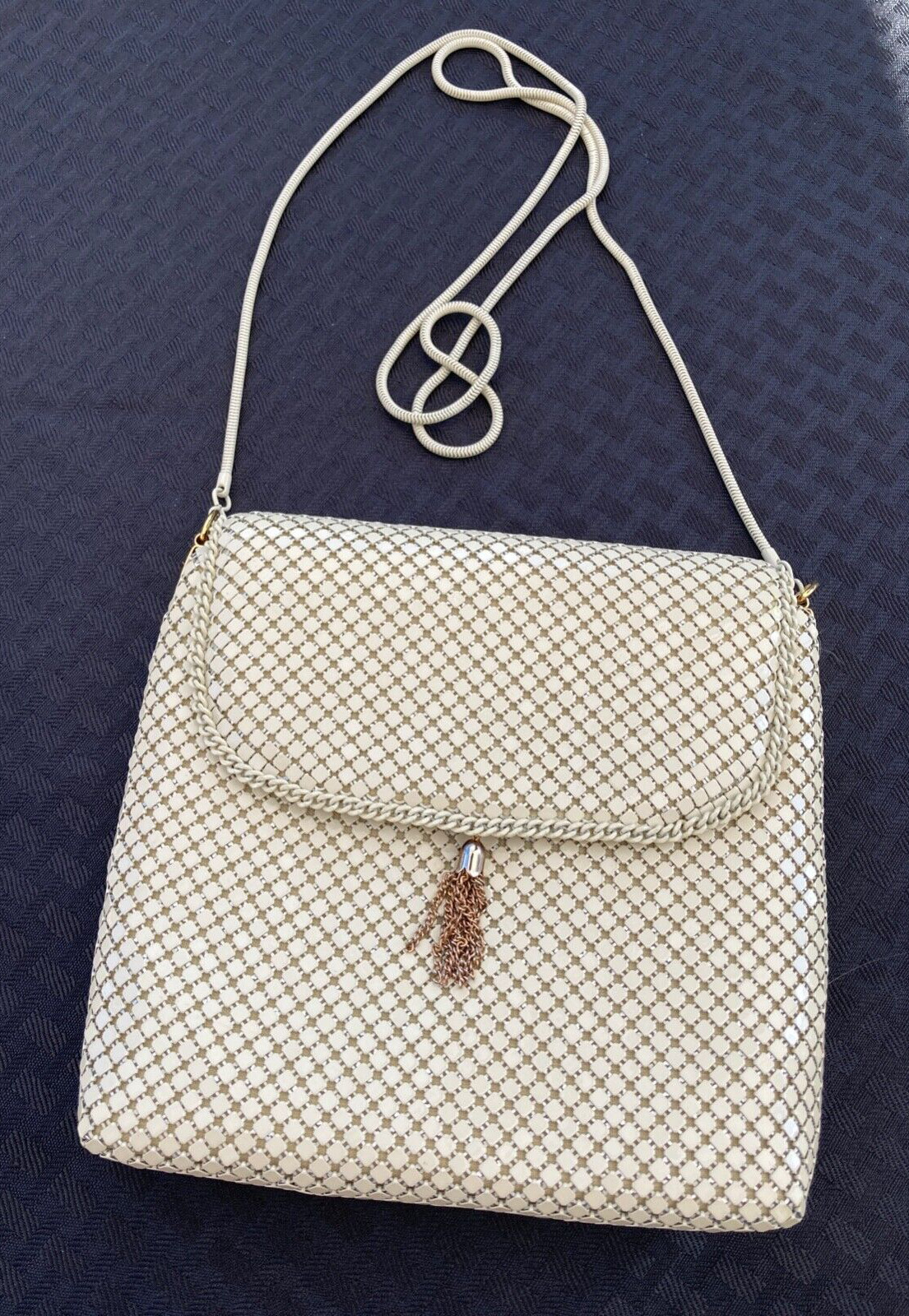 Vintage Beige Nude Metal Mesh Chainmail Crossbody Evening Bag w Snake Chain