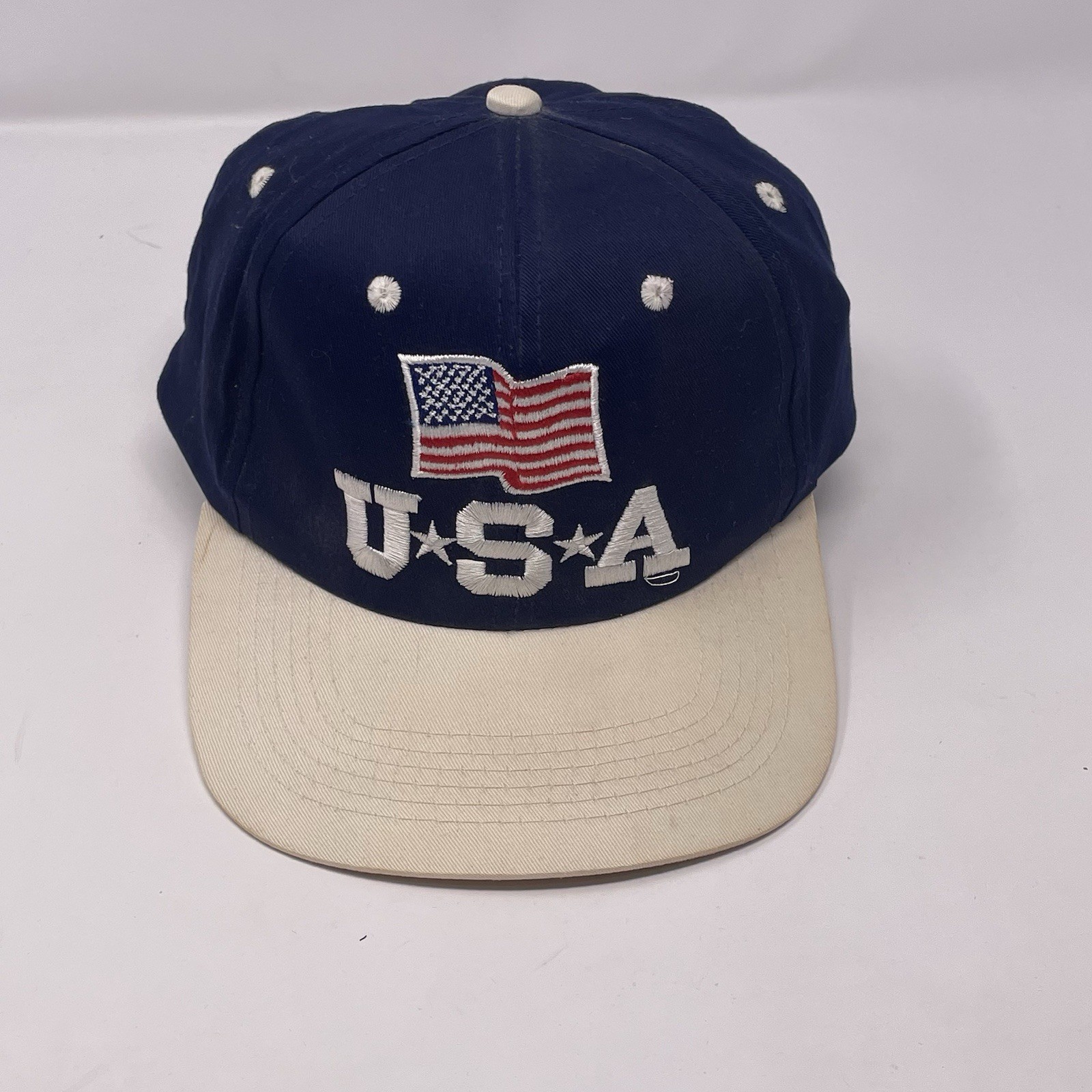 Vintage 90s USA American Flag Snapback Hat Navy Blue Cream Flat Bill Cap