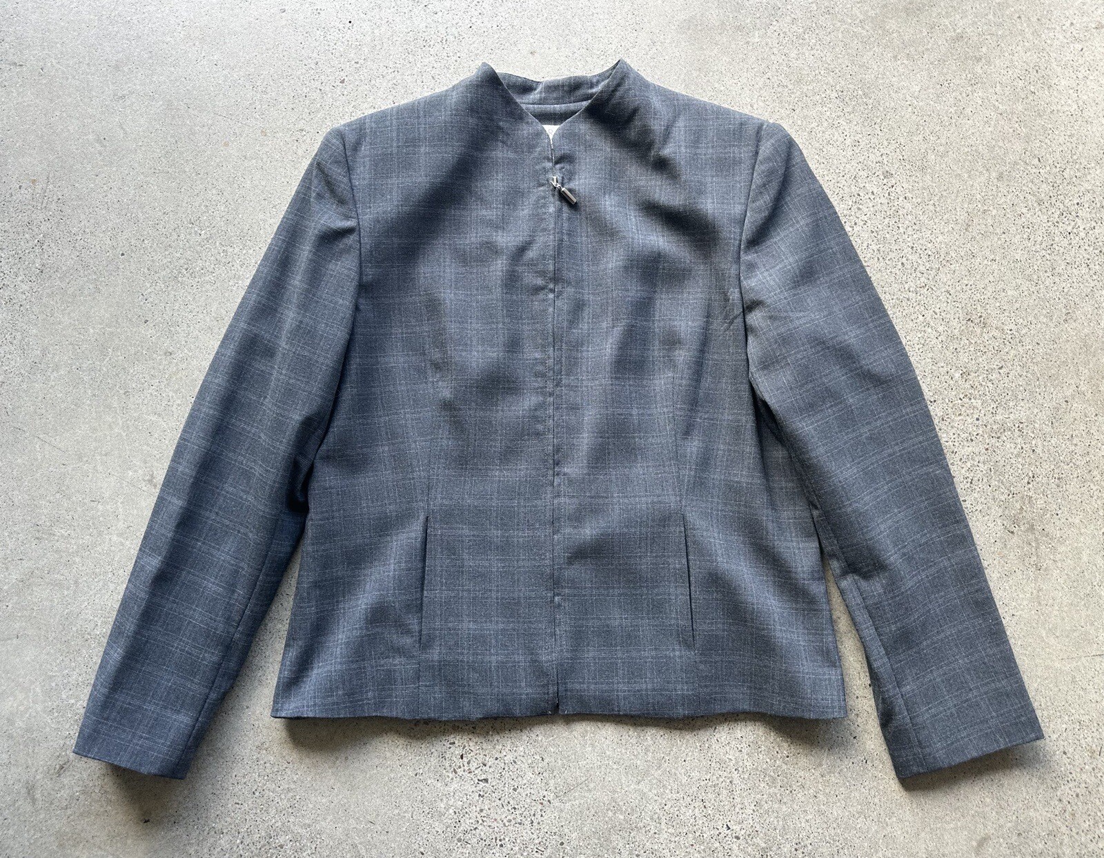 Vintage Norton McNaughton Stretch Gray Plaid Polyester Wool Zip Blazer Size 12