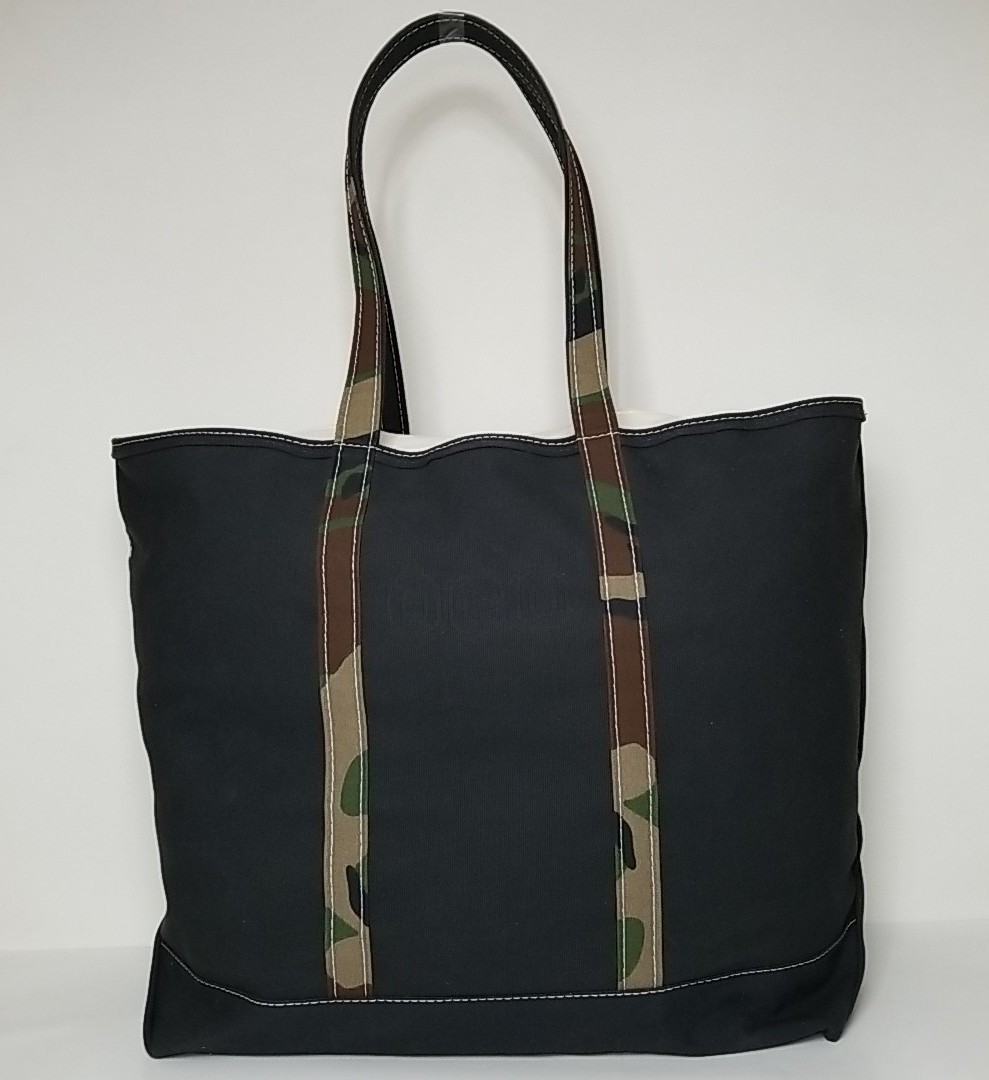 LL Bean Boat and Tote XL Black Canvas Camo Long Handles Custom Tote Bag Zip Top
