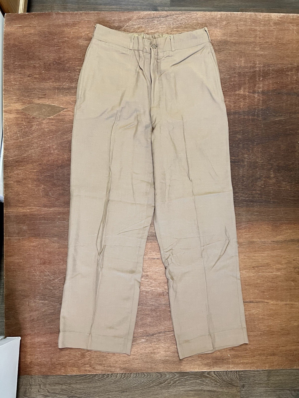 Vintage 1950s Military Trousers Khaki Uniform Slacks Rayon Mohair Pants (30×30)