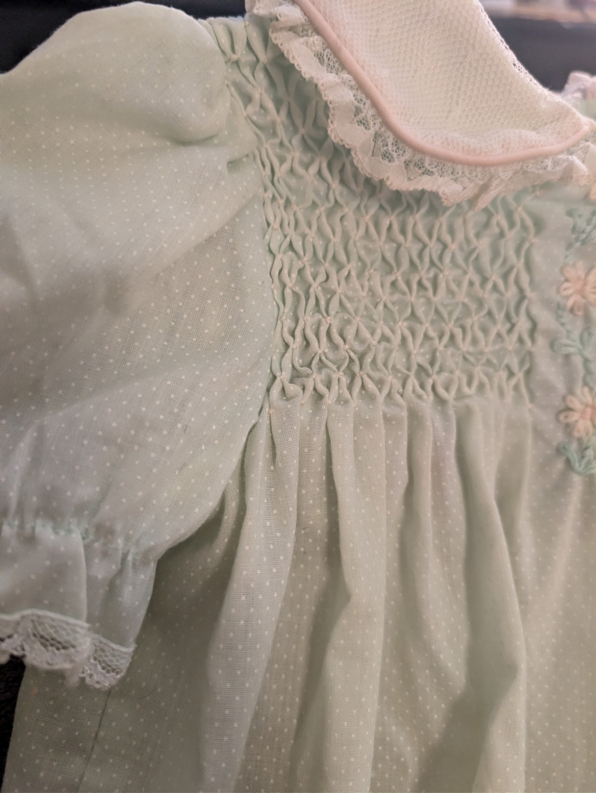 Polly Flinders Vintage 3T Aqua Pale Blue White Dotted Swiss Dress W/ Smocking