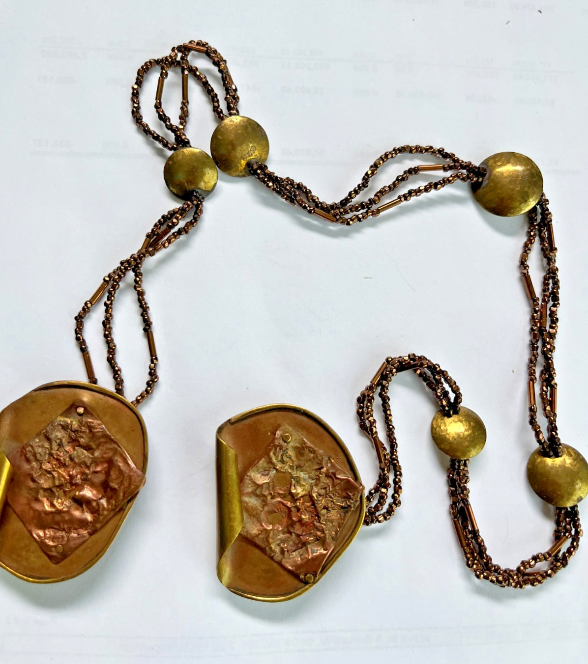 VTG bead and copper sweater clips/ broochs. Brutalist or Art Deco style?