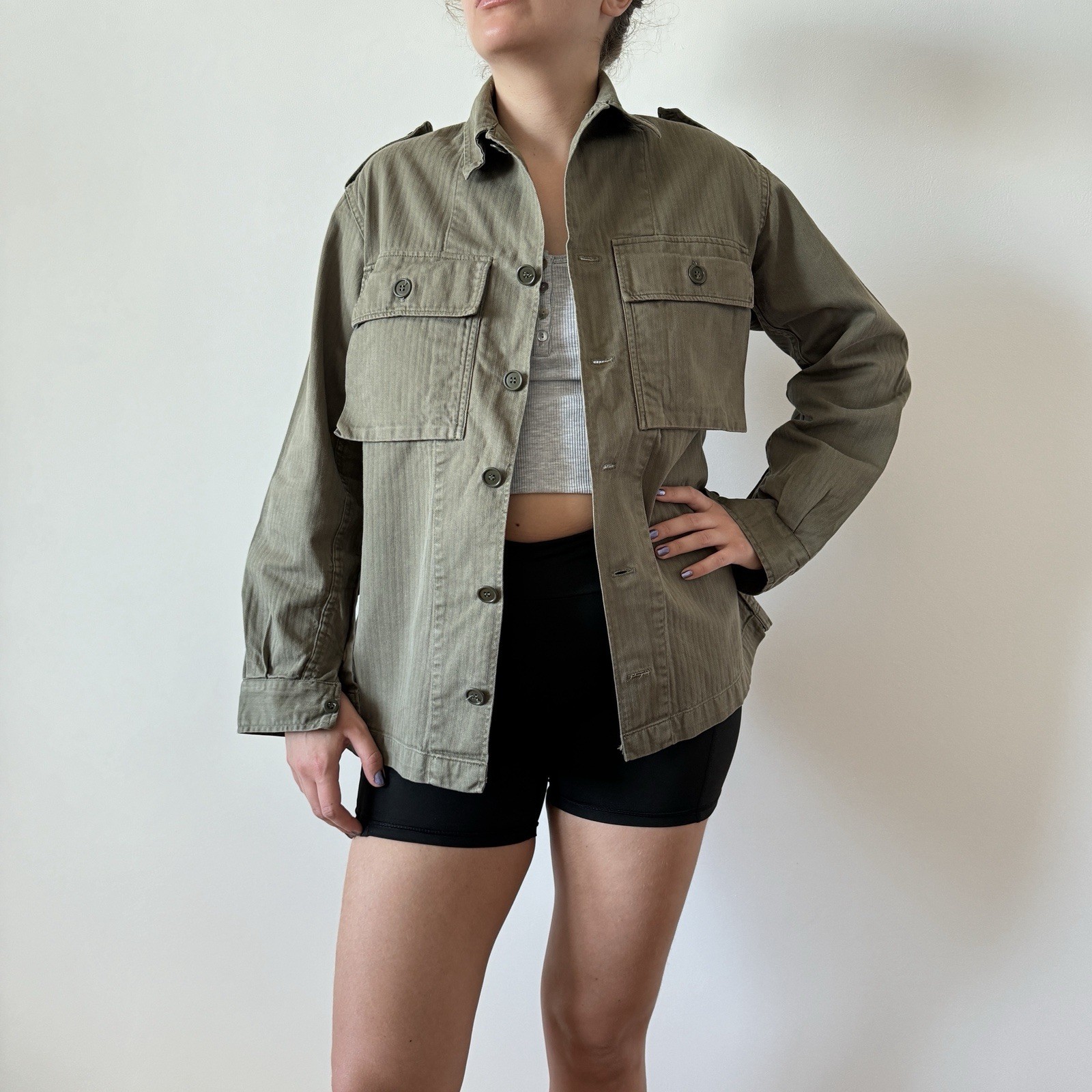 70s vintage Dutch army KL HBT cotton olive combat military field shirt M
