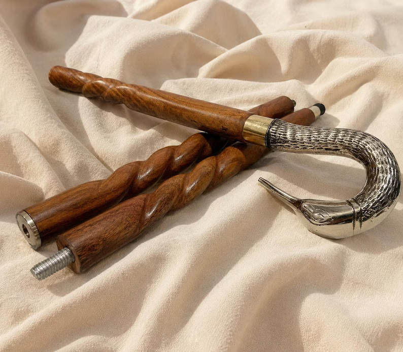 Brass Duck Head Walking Cane Twisted Wooden Stick Victorian Gift for Gentlemen