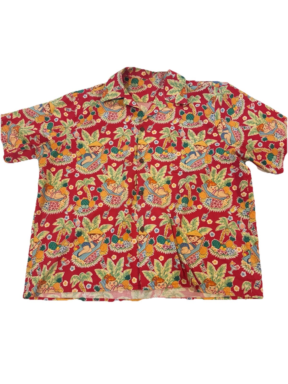 Vintage Hawaiian Shirt Aloha Pinup Girl Pineapple Print Camp Collar XXL