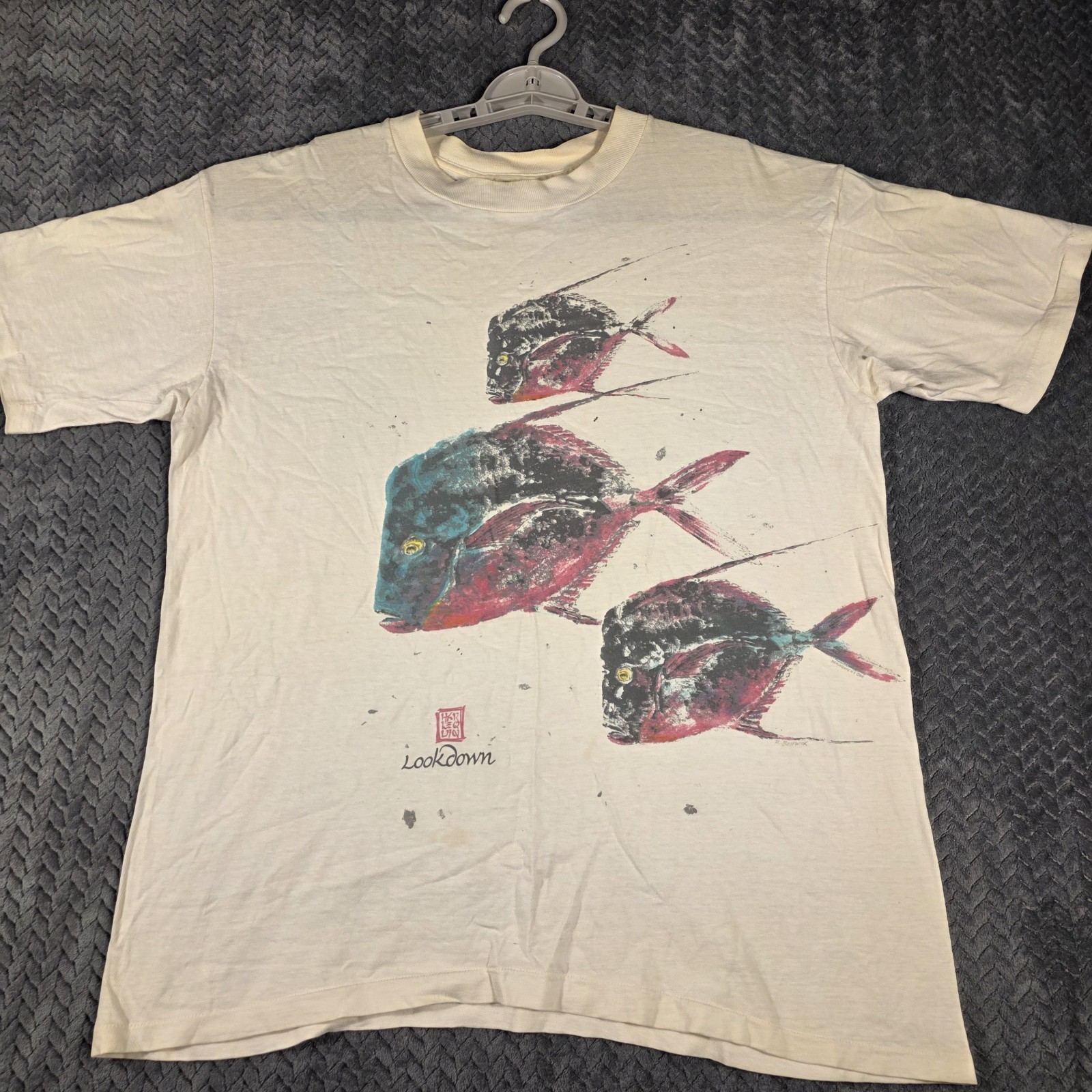 Vintage 80s Harlequin Lookdown Tropical Fish T-Shirt Men’s XL White Distressed