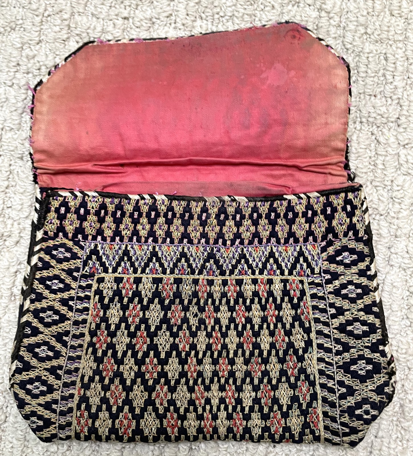 Antique 1900s Turkish Afghanistan Hand Stitched Geometric Pouch Purse Bag