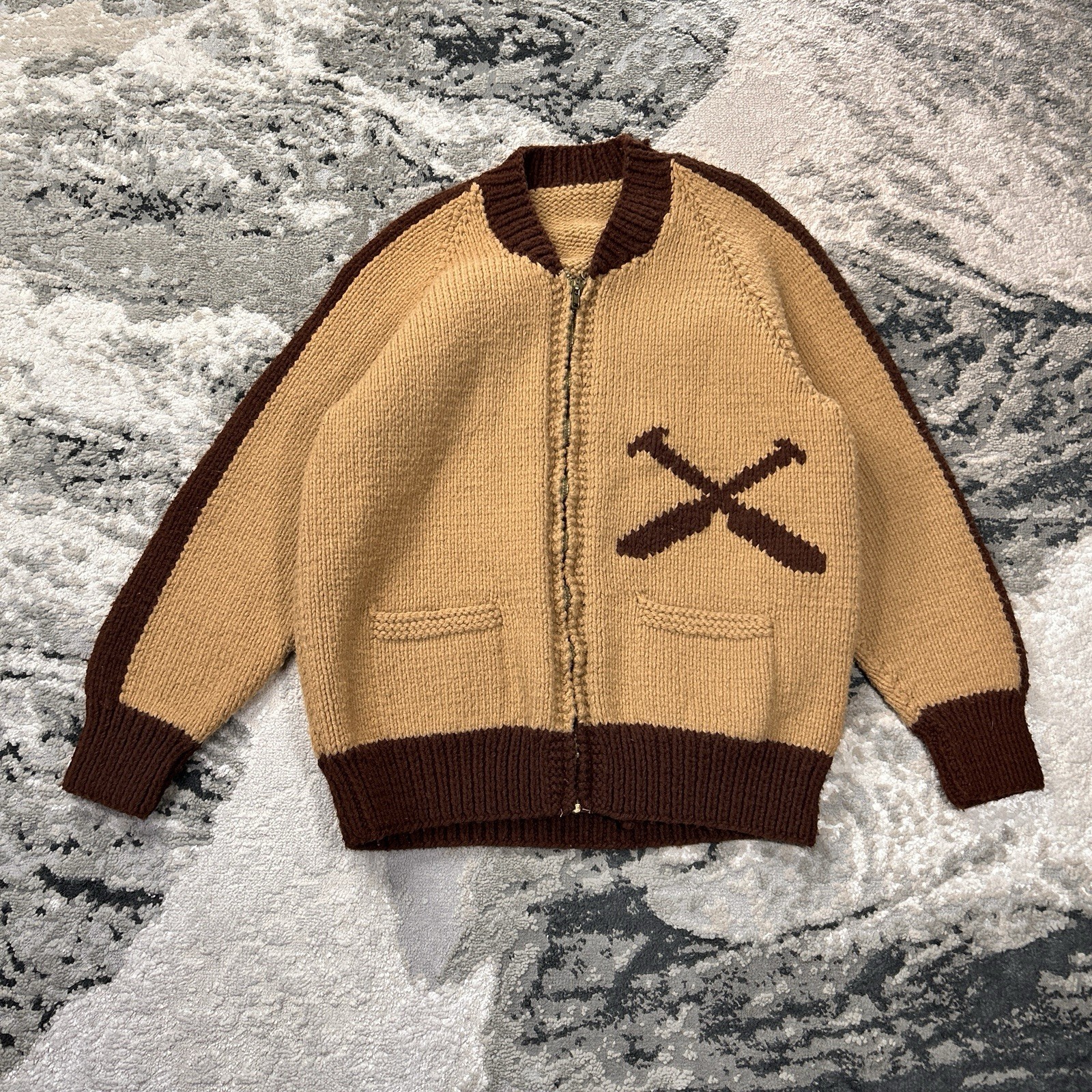Vintage 50s Navajo Pattern Hand Knitted KANATA Cowichan Sweater Brown Wool S/M