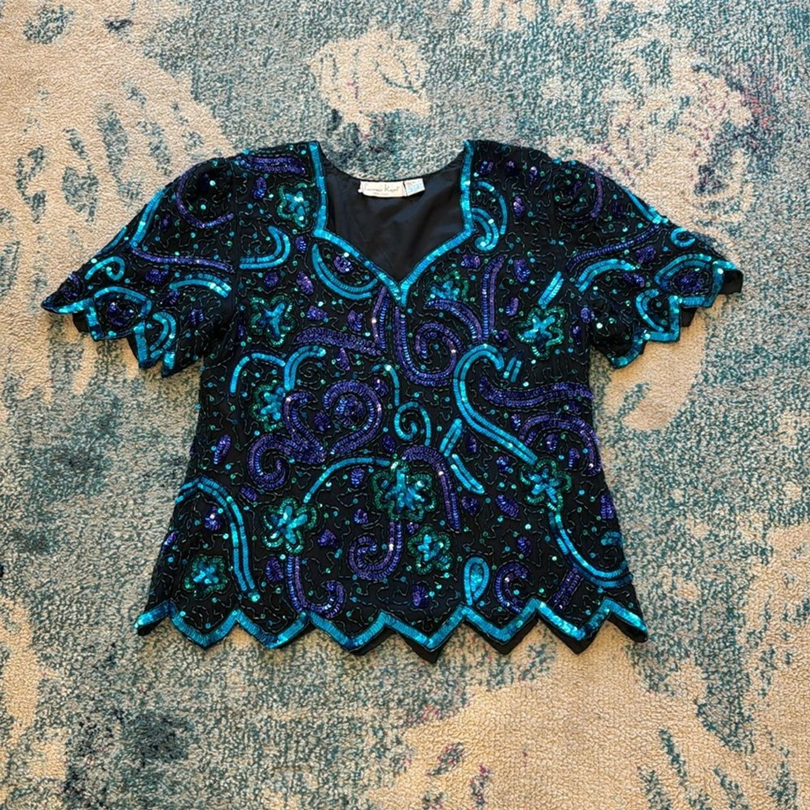 Vintage Laurence Kazar Silk Beaded Sequins Blouse Black Multicolor 1X
