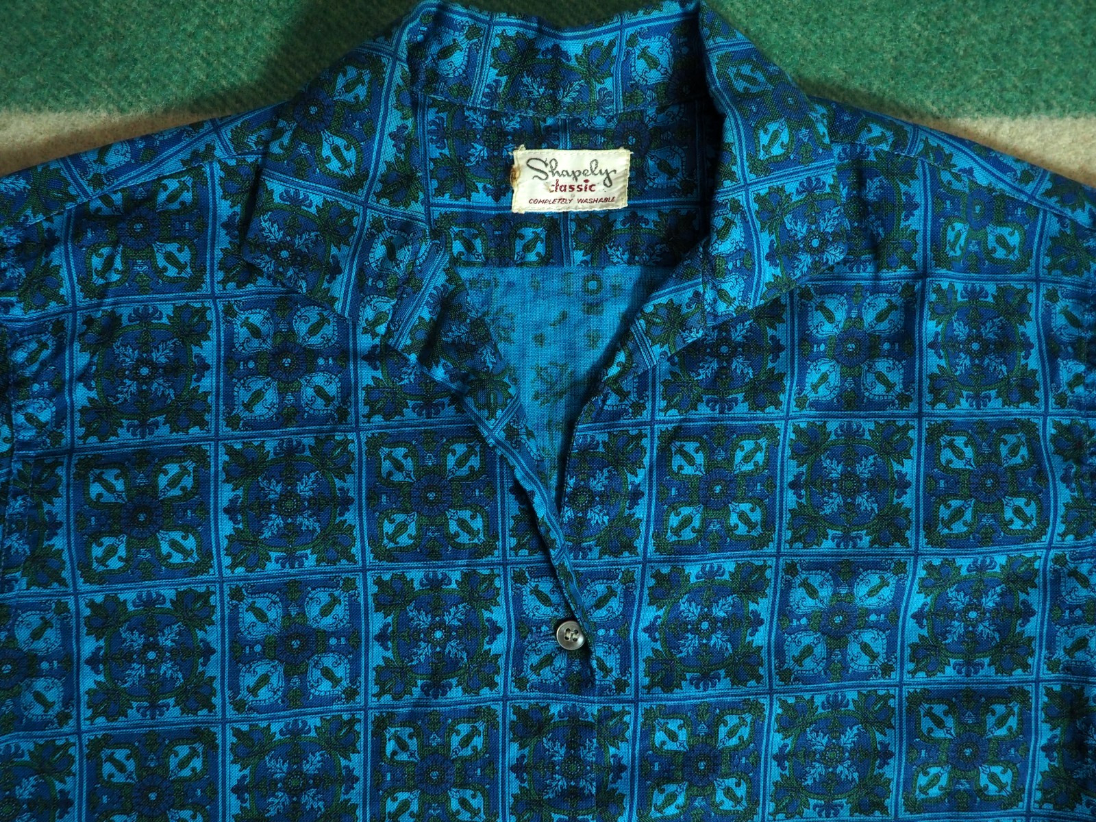 VTG 60s Shapely Blue Green Madras Boho Hippy Retro Button Cotton Shirt Womens M