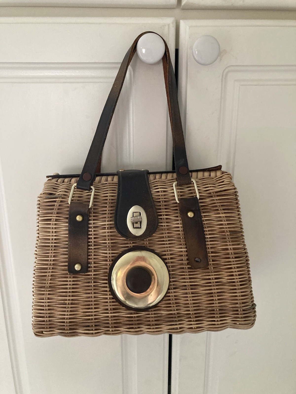 Vintage Mid Century Wicker Handbag Purse Leather Hong Kong Styled by Bounty