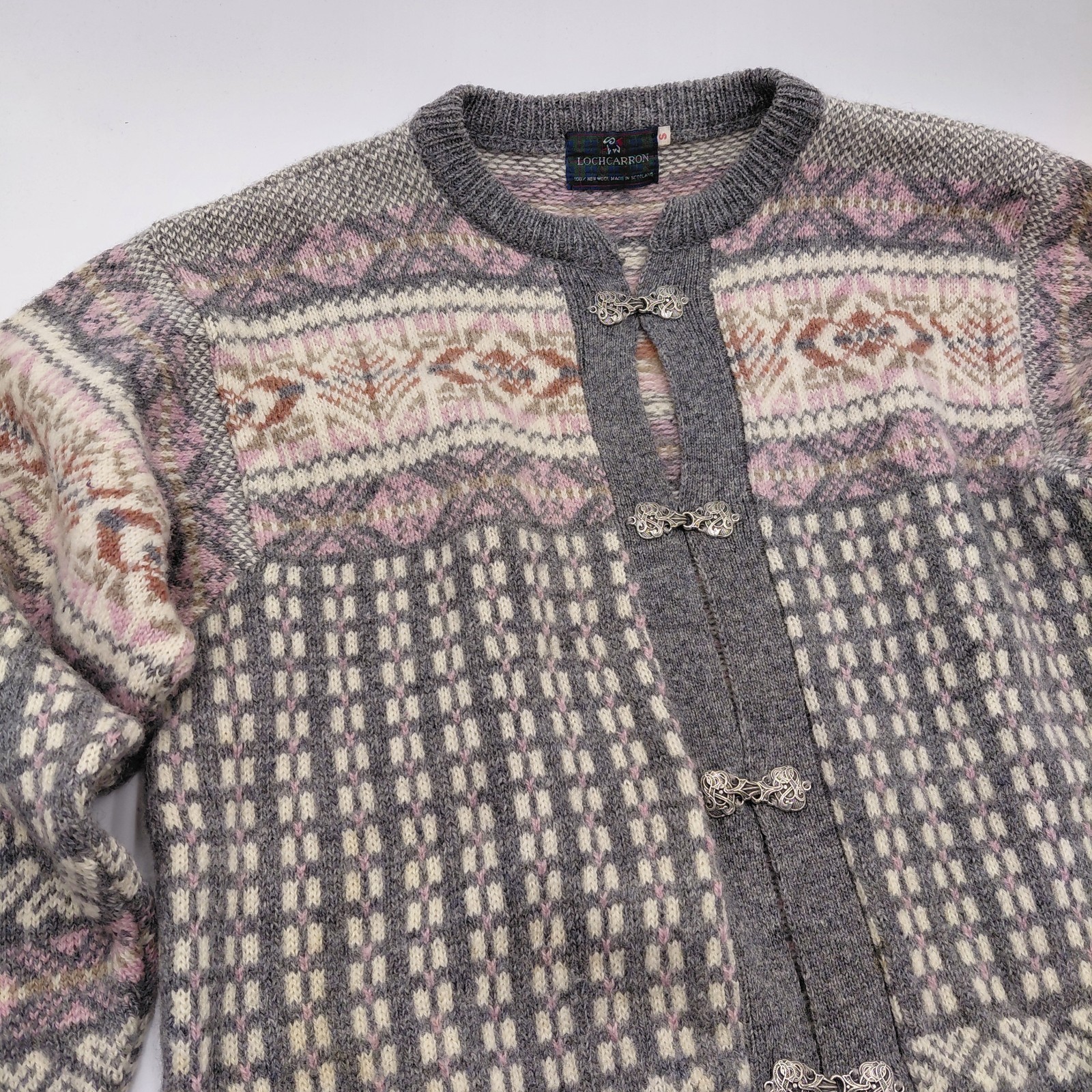 VTG Lochcarron 100% Wool Cardigan Sweater Pink Fair Isle Hand Knit Scottland