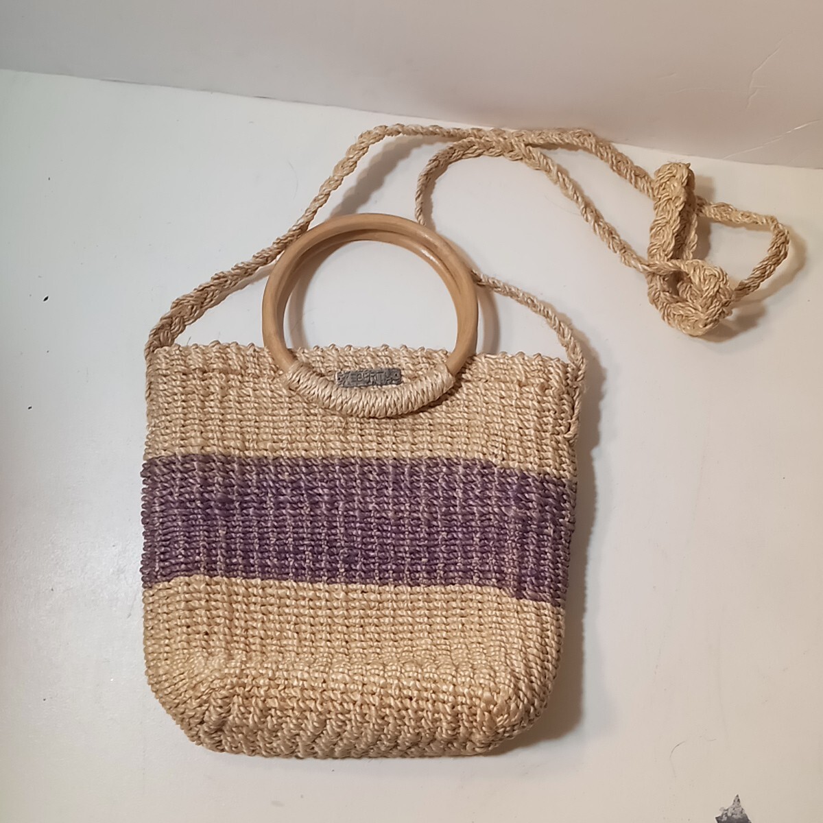 Vintage Esprit Basket Purse Woven Wicker Crossbody Wood Handle Bag Tote 9”x9”x4”