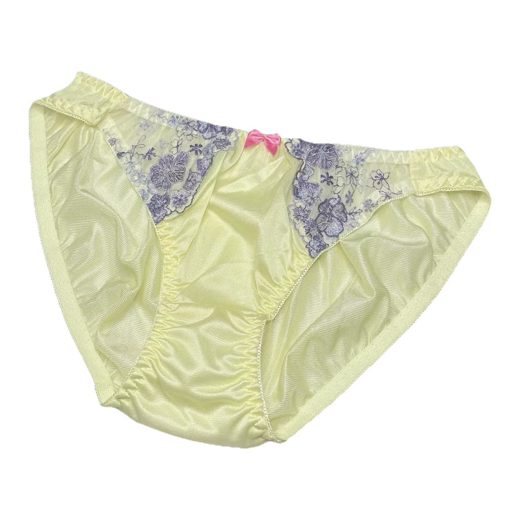 Feminine Satin Lingerie Slippery Panties Lace Bikini Floral Embroidery Nylon VTG