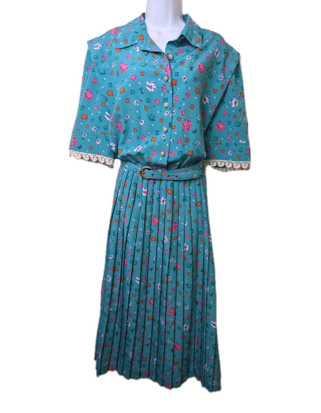 Vtg Floral Dress Secretary Church Pleated Lace Lady Carol New York Size 18 Green