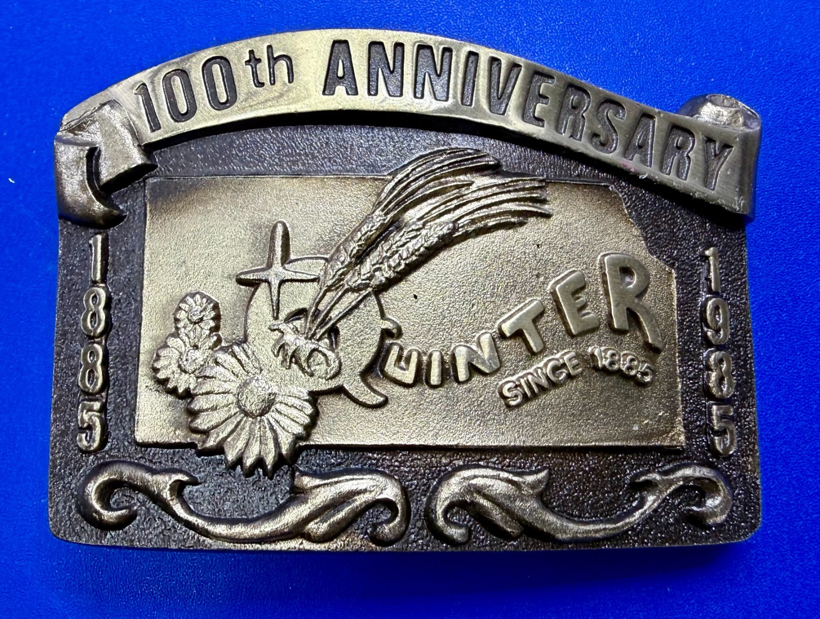 Quinter Kansas Since 1885-1985 100th Anniversary Solid Bronze Belt Buckle