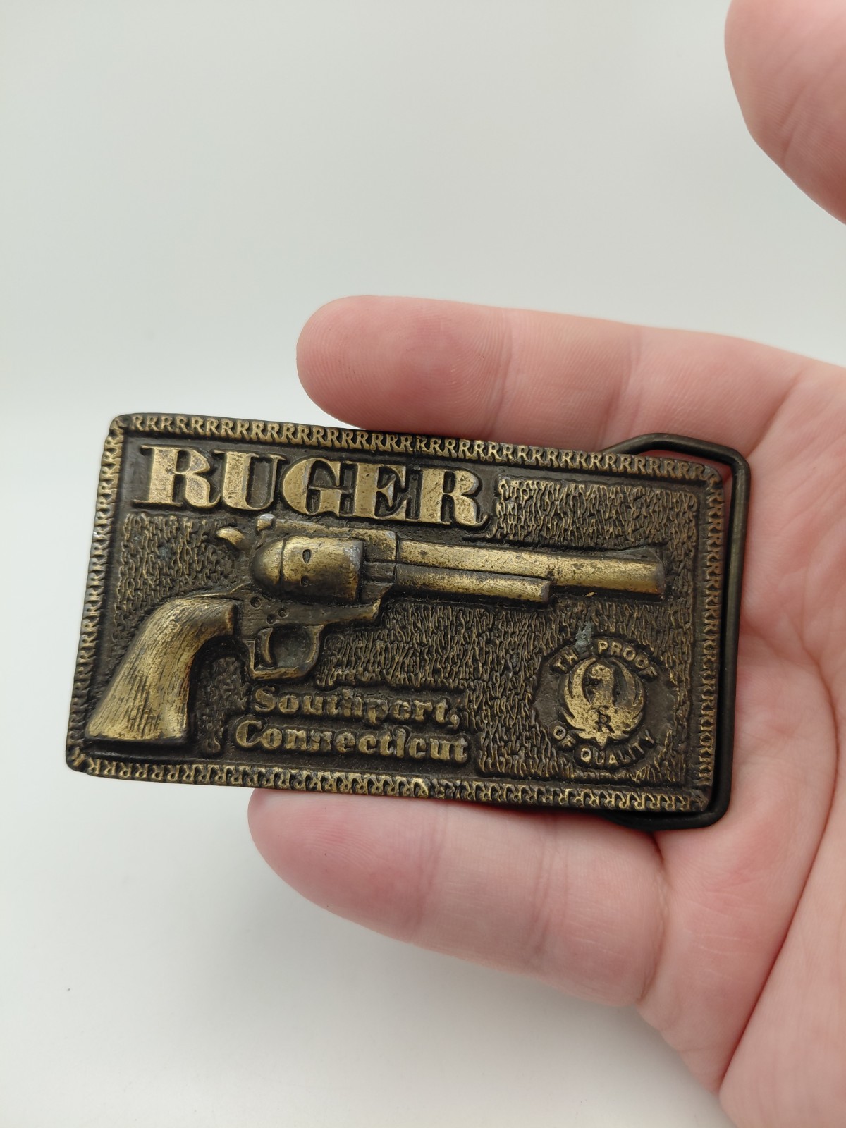 Vintage Ruger Southport Connecticut Revolver Gun Firearms Brass Belt Buckle