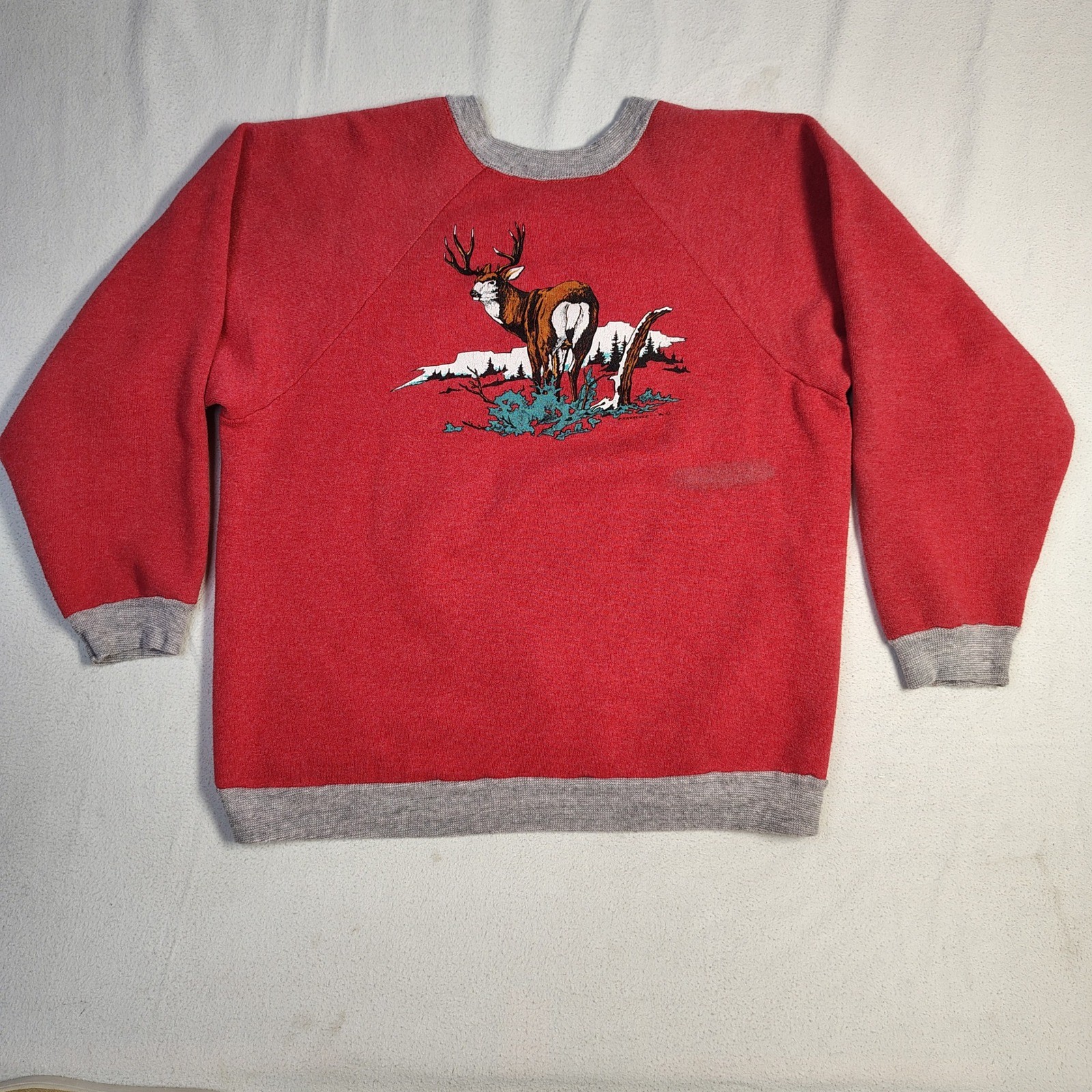 Vintage 80s Deer Graphic Sweatshirt L Red Cotton Blend 1984 Hunting Cabin