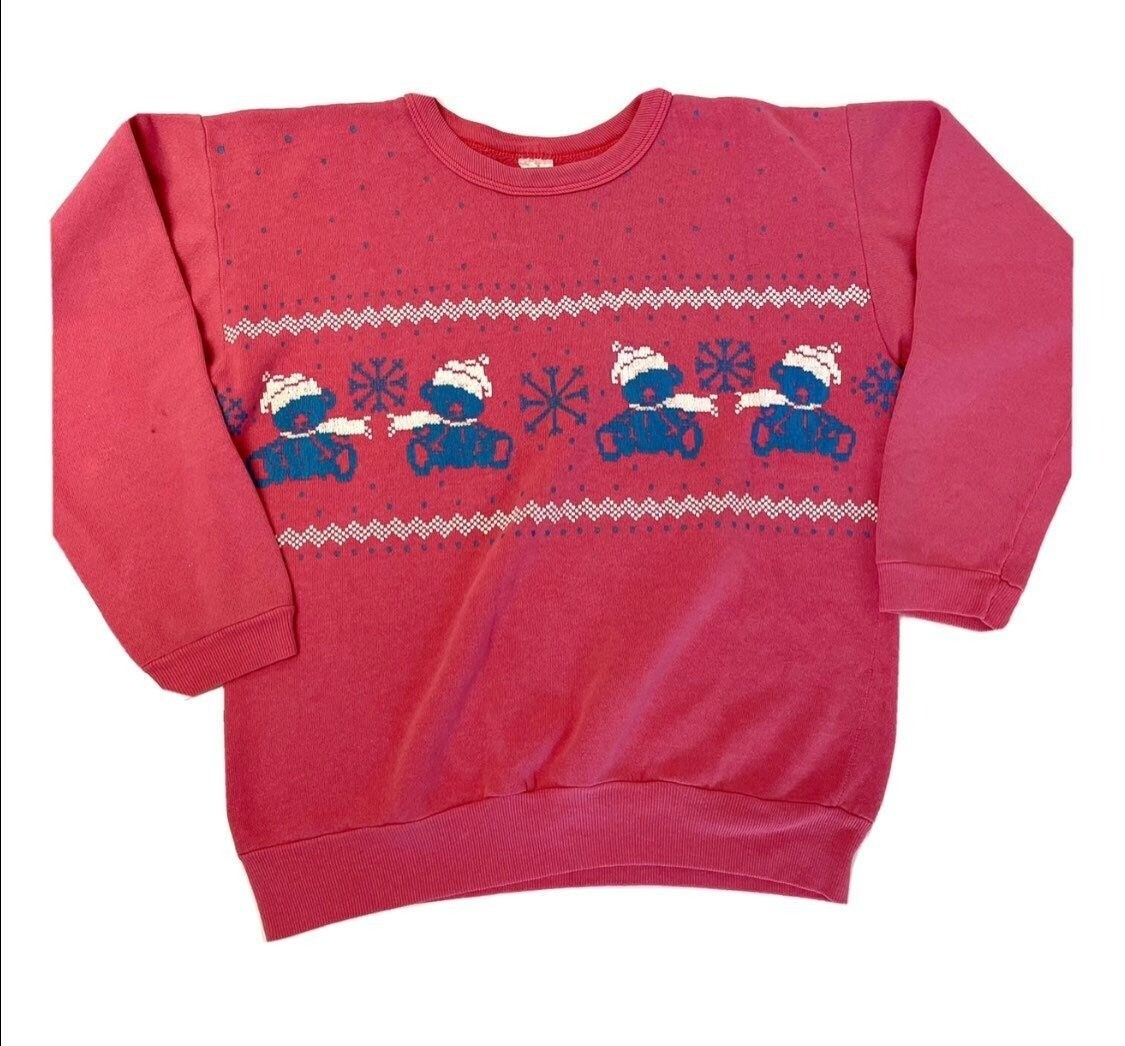 Vtg 80’s Pink Blue Painted Snowflakes TEDDY Bears Kawaii Fairy Kei Sweatshirt M
