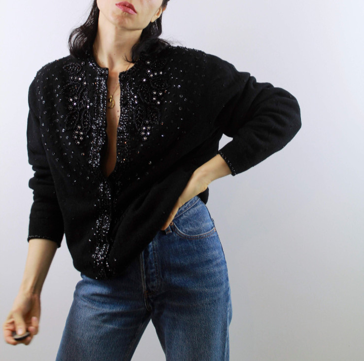 I Did It by Mathew H. Vintage Beaded Wool & Angora Sweater Cardigan, Lined. Sz S