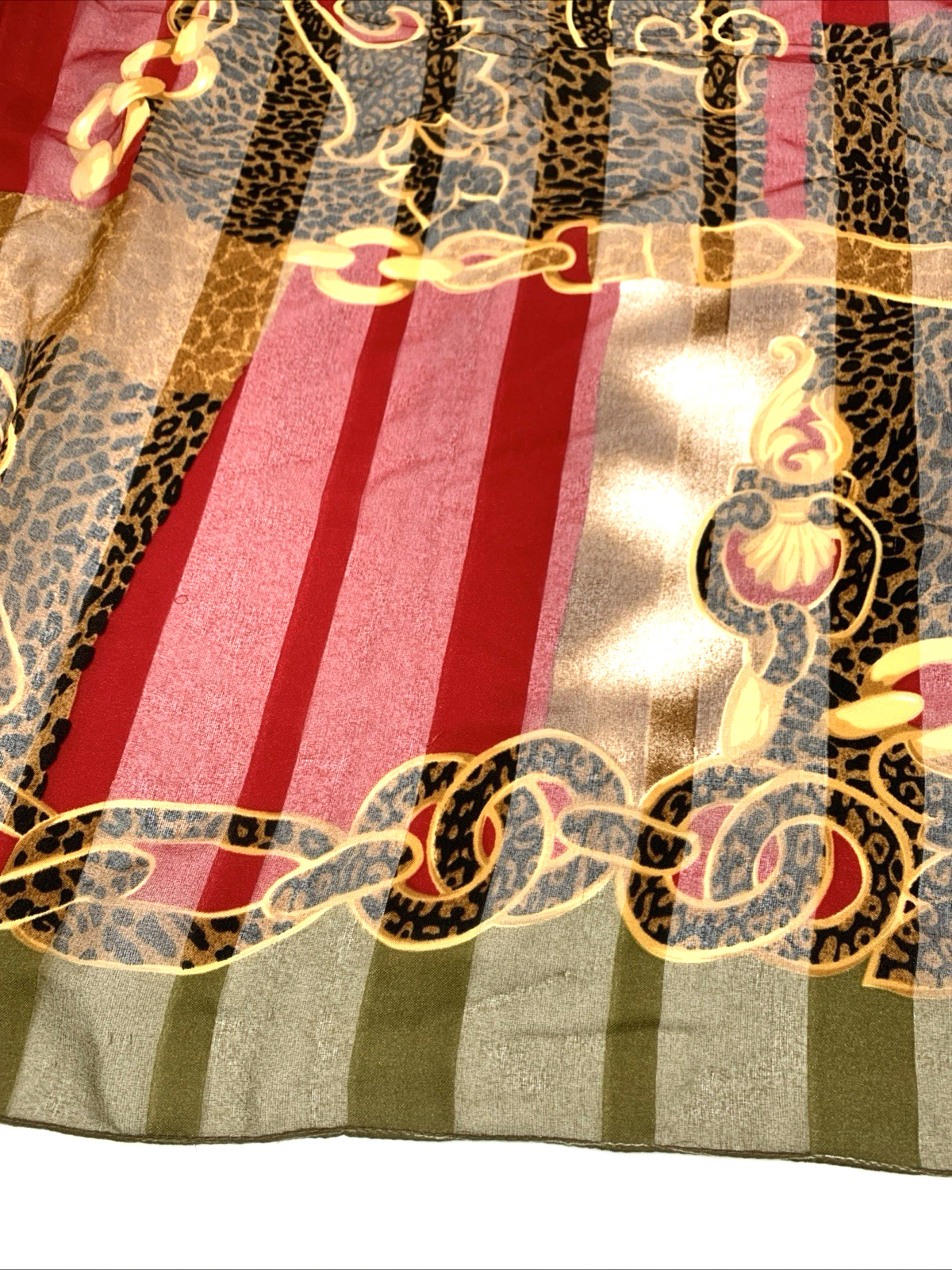 Animal Print Chain Design Scarf 34” Square OLIVE GREEN RED GOLD BLACK