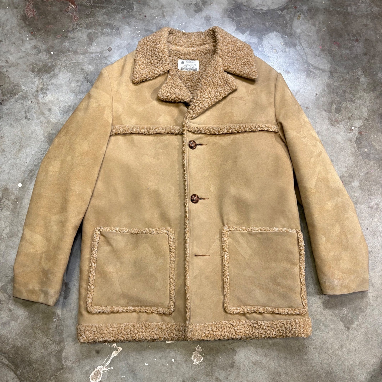 Vintage Fingerhut Fashions Faux Sheepskin Western Coat Mens 42 Tan Suede Style