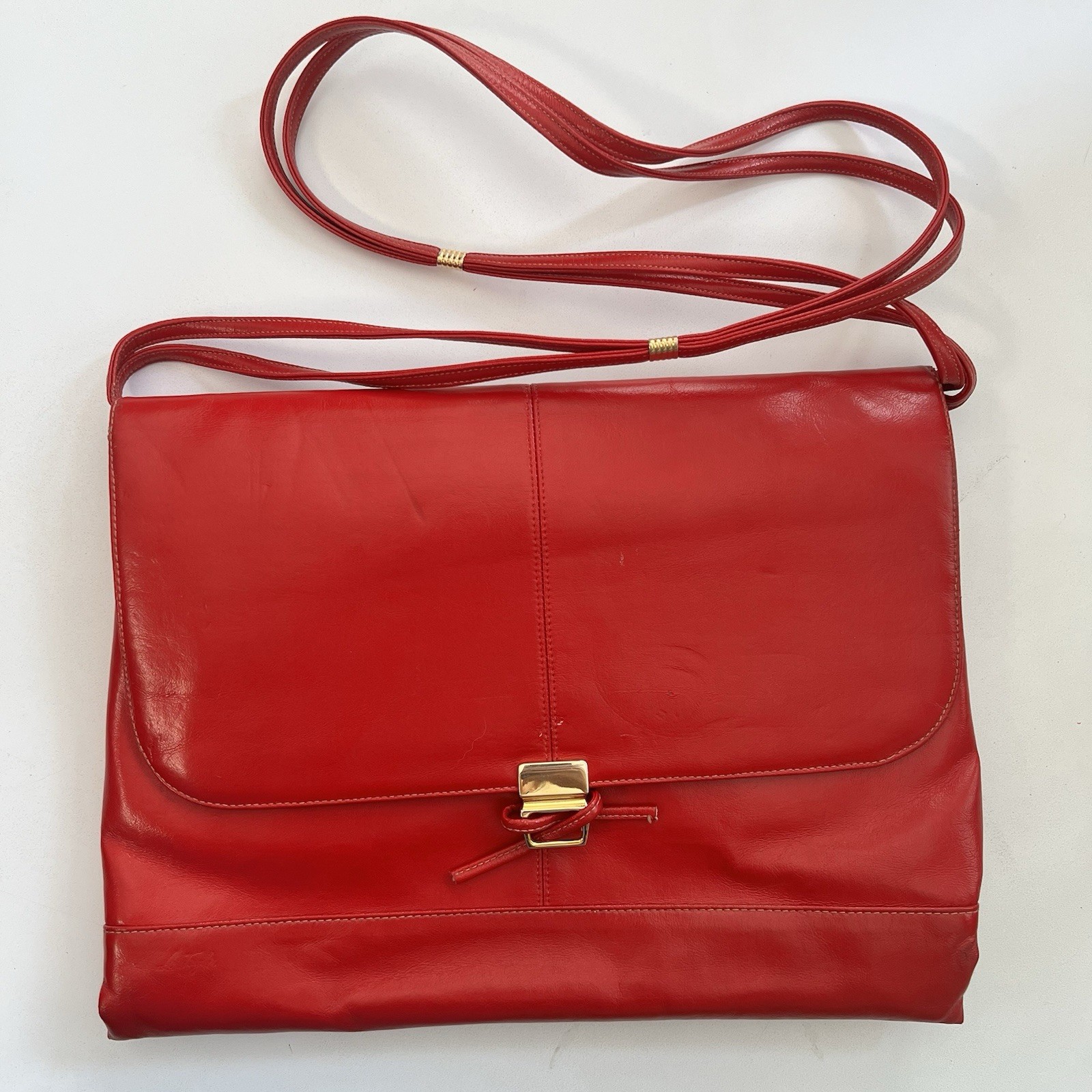 Vintage Lou Taylor Red and Beige Leather Purse Gold Hardware Double Sided Mirror