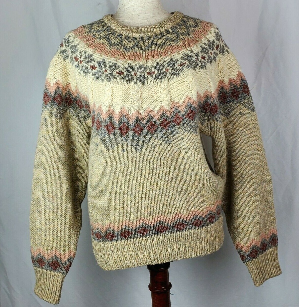 The Clever Shepherd Pure New Wool Sweater Beige, Cream, Pink Patterned