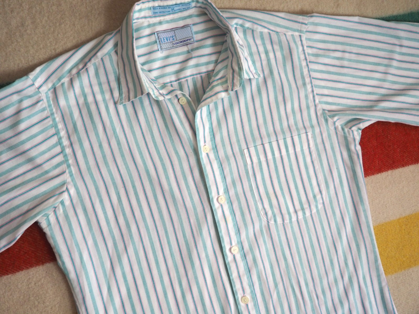 VTG 80s Levis Colorgraph Mint Green White Striped Pocket Button Shirt Mens M