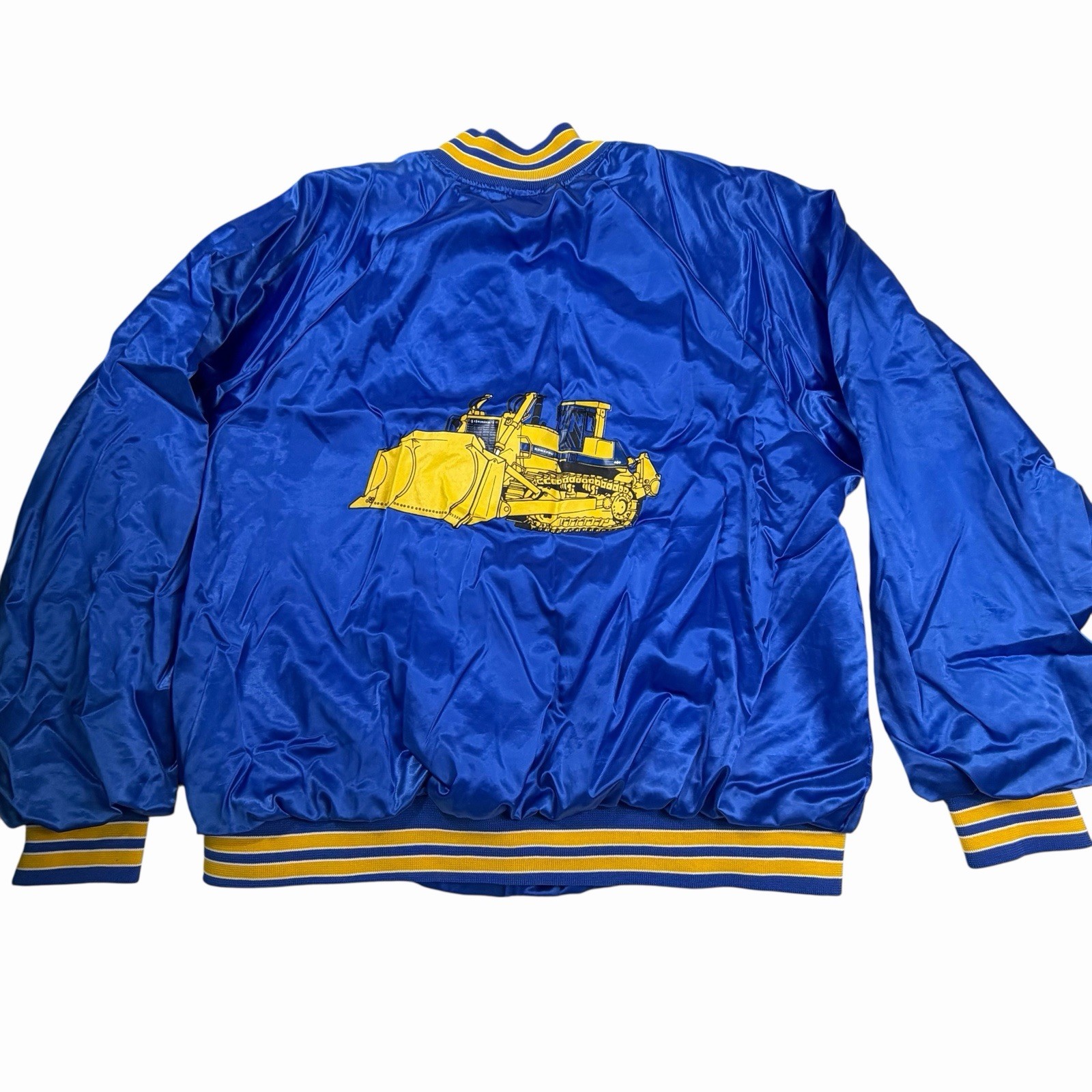 VTG 80’s Komatsu Excavators Satin Jacket XXL Blue Yellow Made In USA Bulldozer