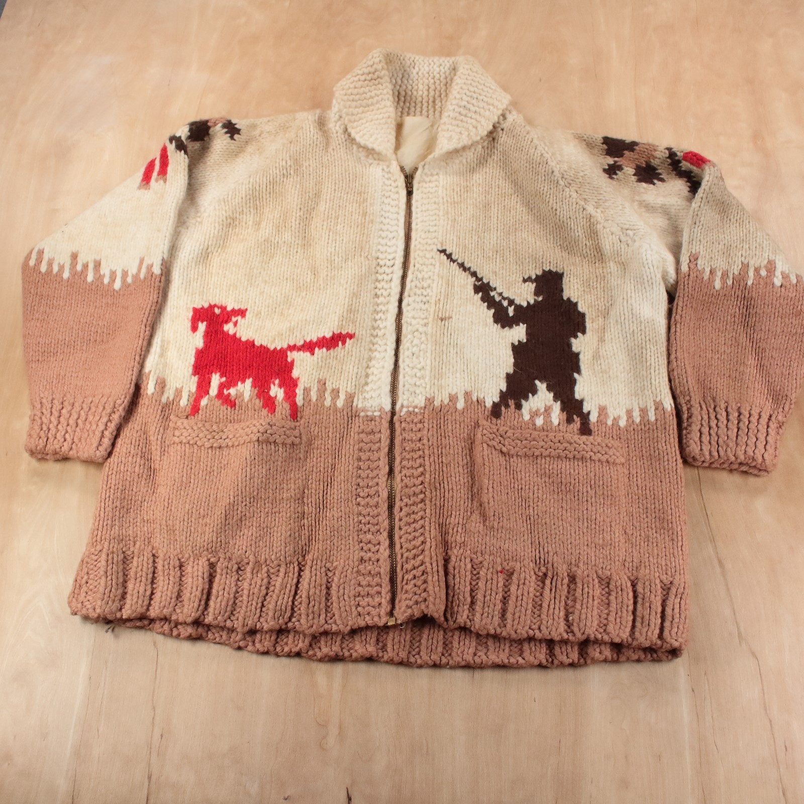vtg 50s 60s Hunting dog Goose shawl collar cowichan zip cardigan sweater LARGE