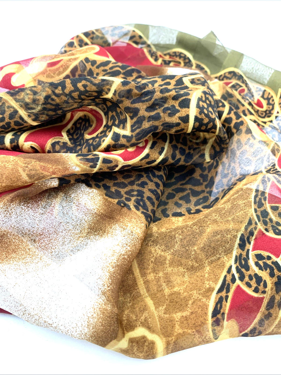 Animal Print Chain Design Scarf 34” Square OLIVE GREEN RED GOLD BLACK