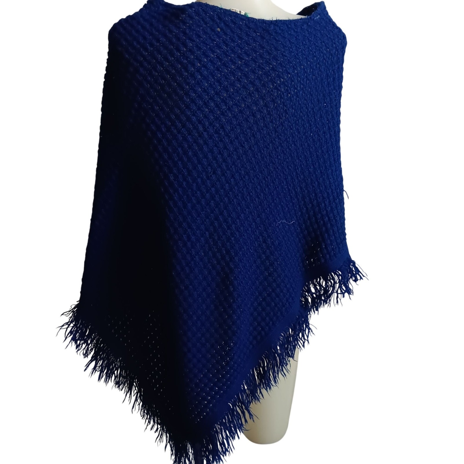 Small Vintage 1970s Womens Sweater Shawl Blue Cape Acrylic Net Woven Hippy Mod