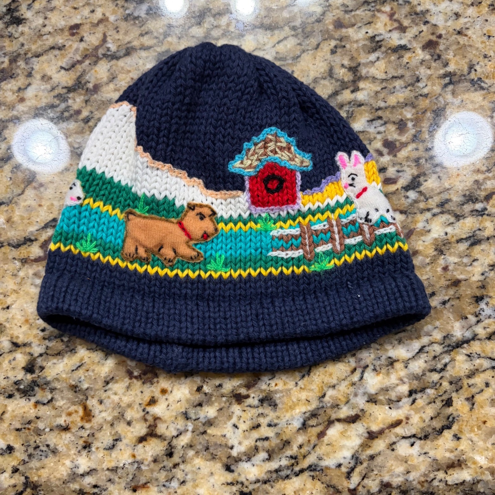 Vintage Hand Knit Farm Animal Beanie Navy Blue Dog Pig Sheep Chick Kids Hat