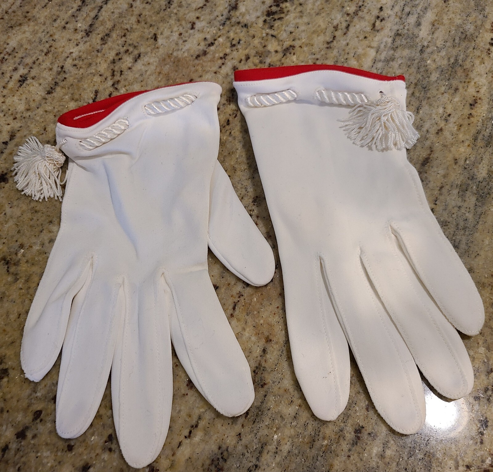 Vintage Size L XL White Red Rope Tassle Nylon Stretch Gloves 8.5″ Formal Empress
