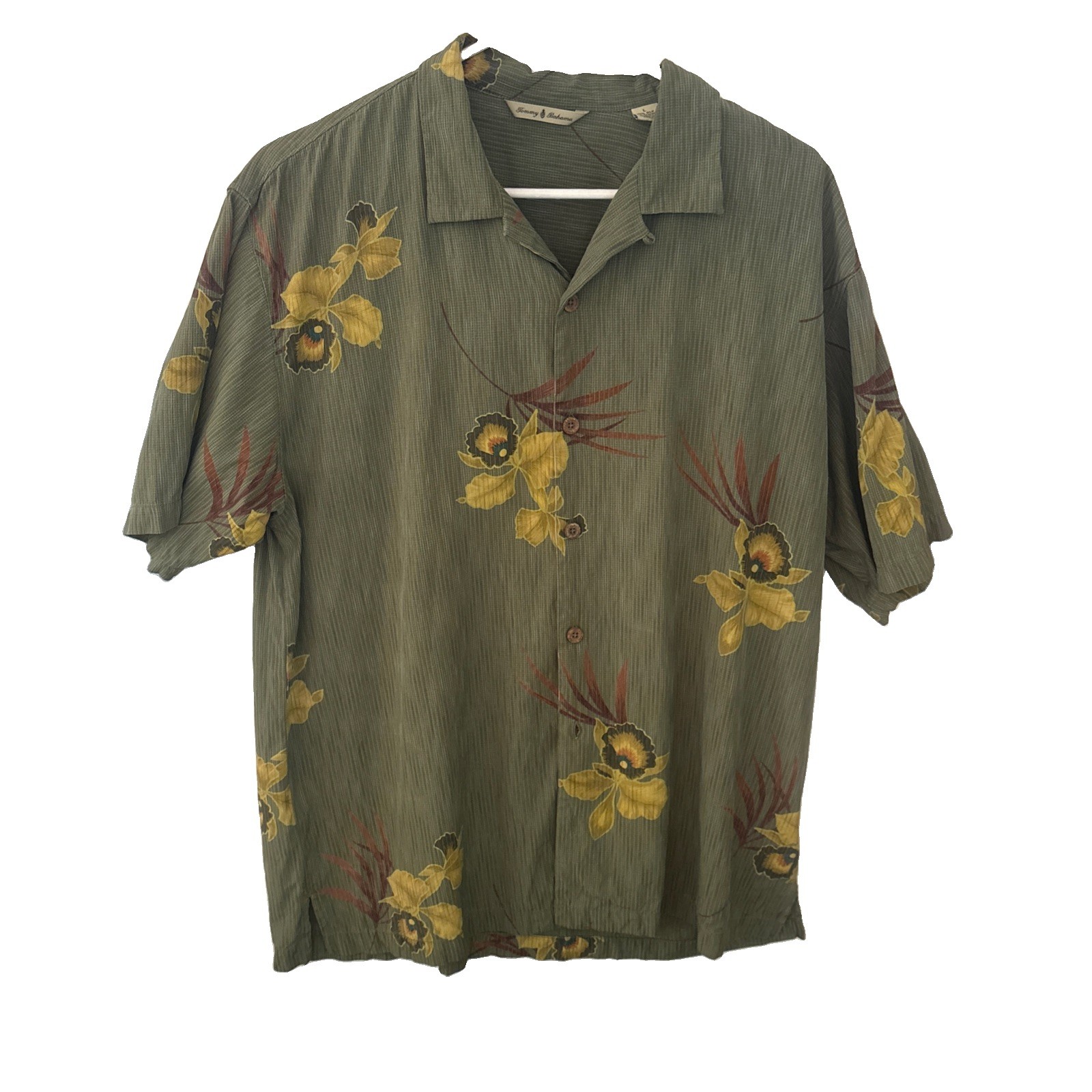 Tommy Bahama Men’s Olive Green Floral Silk Hawaiian Camp Casual Shirt Large