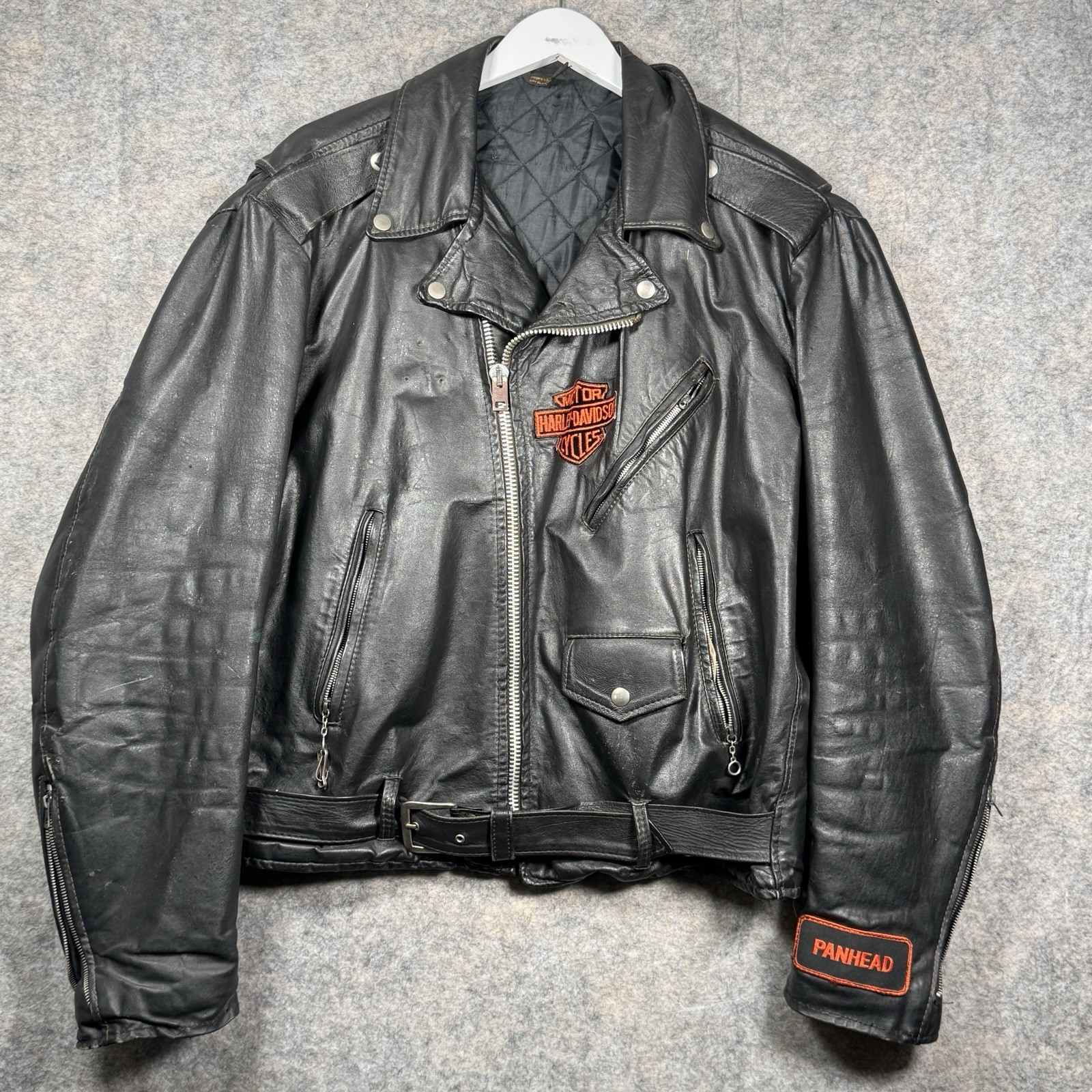 Vintage 80s? Leather Motorcycle Biker Jacket w/ Harley Patches Mens Size L/XL