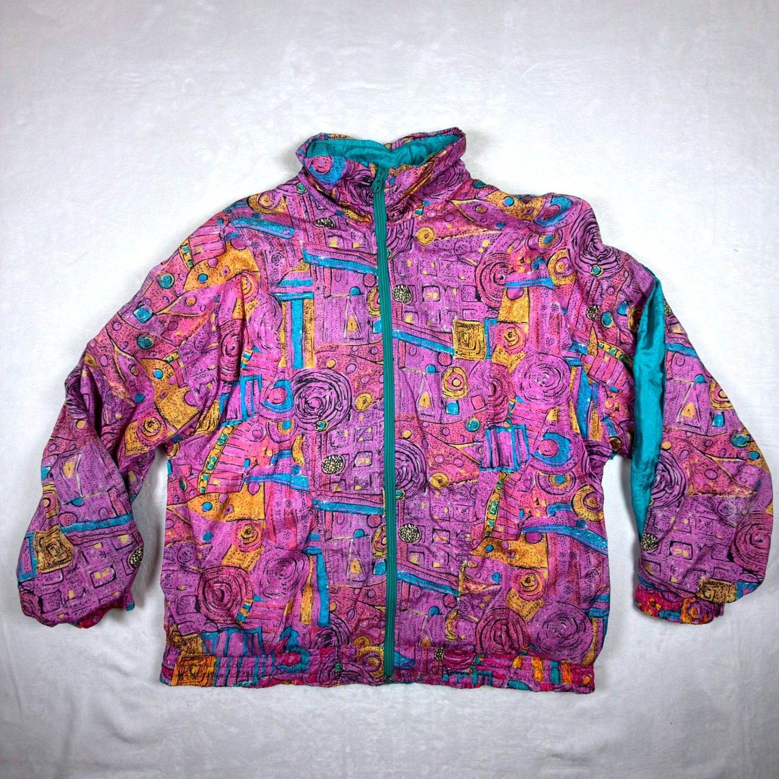 Vintage Lavon Abstract Print Windbreaker Jacket Purple Teal Large 80s 90s Retro