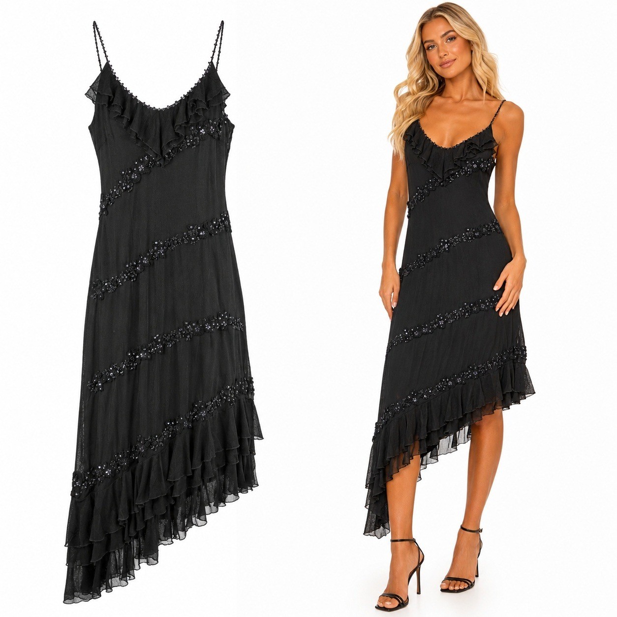 E BY ECI Black Beaded Mesh Asymmetrical Ruffle Dress Petite 10P Whimsy Goth Y2K