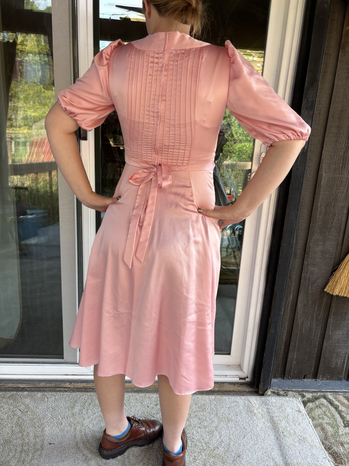 Vintage Handmade Satin Pink Tea Party Dress Size Small/Medium Made In USA