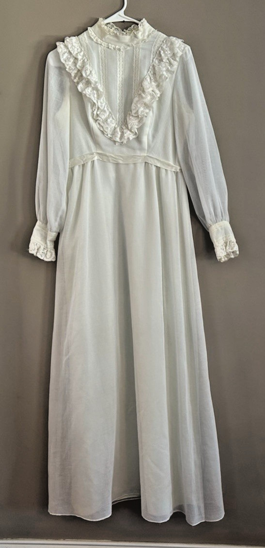 Vintage Handmade Prairie Style Cream Long Wedding Dress Lace Trim Bodice Sz M/L