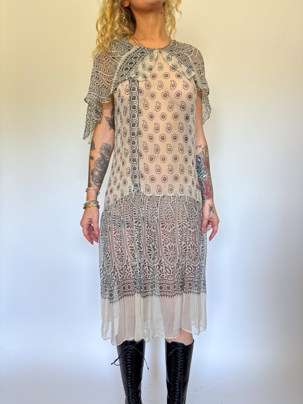 VINTAGE 1920’s SILK CHIFFON PAISLEY DRESS MIDI LENGTH