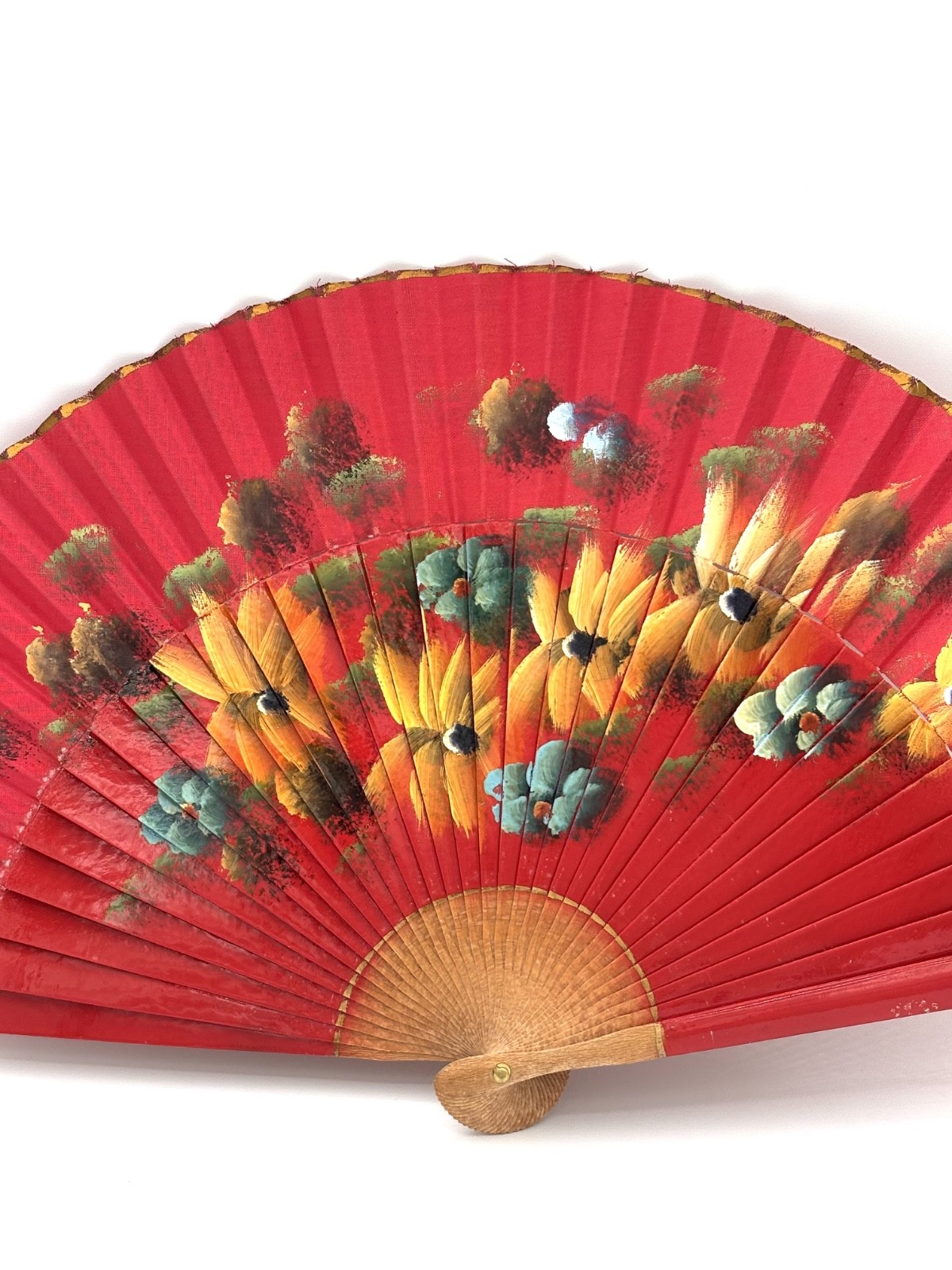 Vintage Hand Painted Spanish Fan with Lacquered Wood Frame