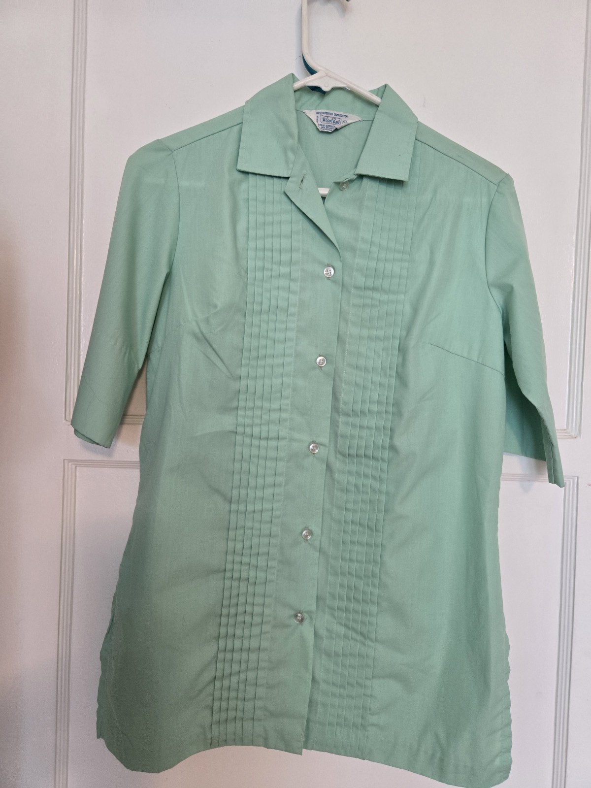 Vintage Carol Brent Mint Green Pleated Short Sleeve Perma Press Blouse Size 35
