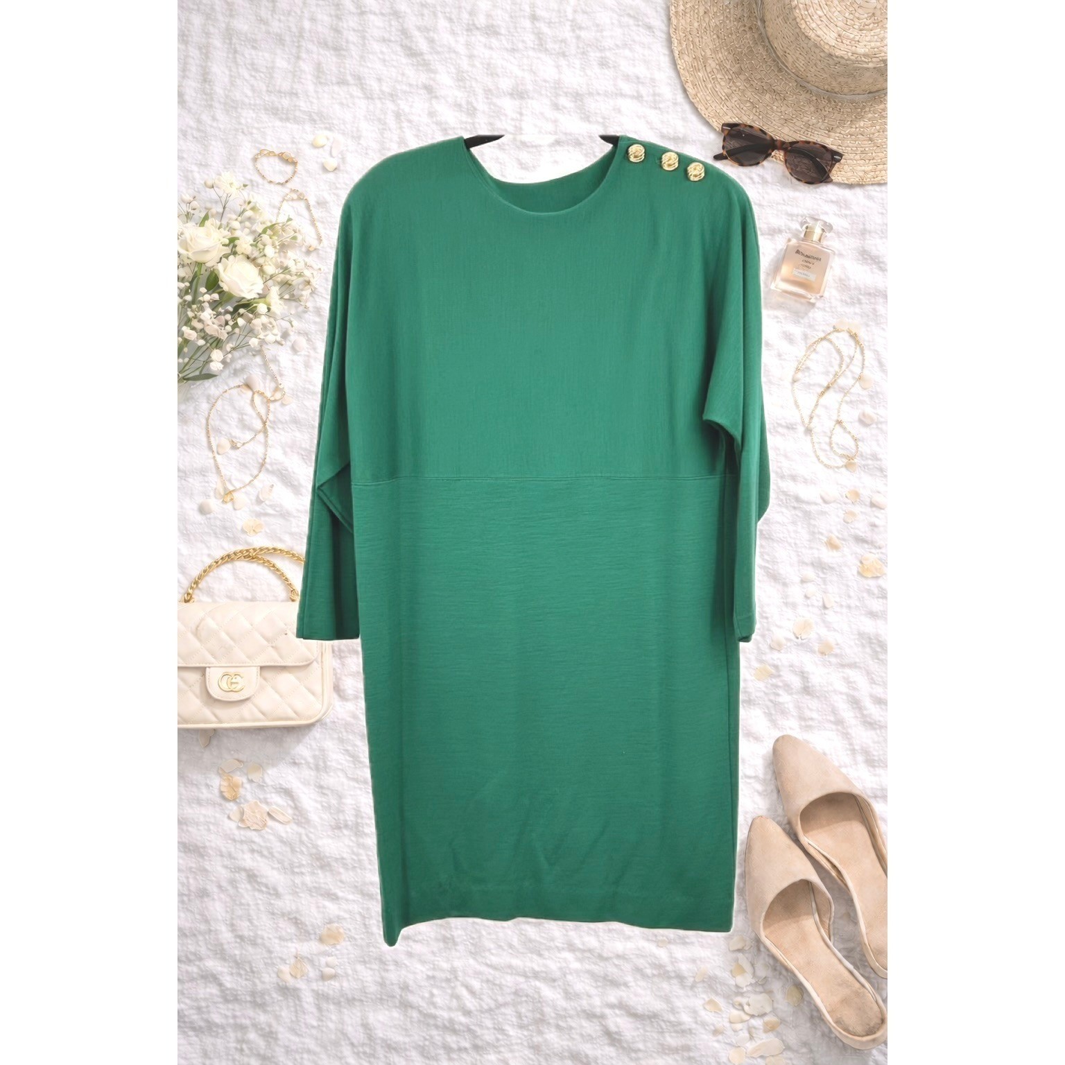 Womens Vintage 80s Wool Shift Dress S Green Gold Button Minimalist Collectibles
