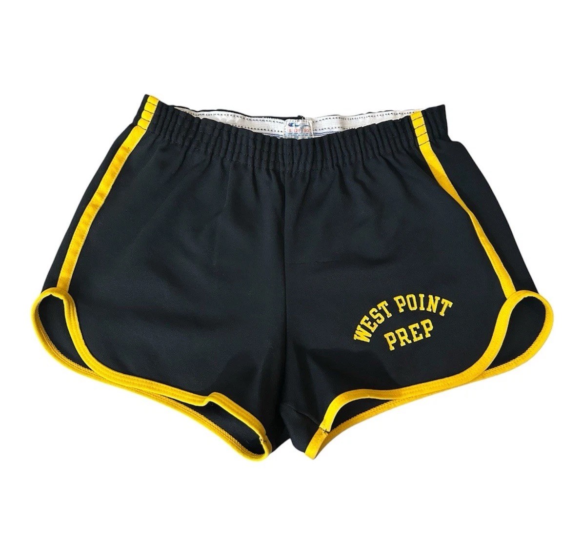 VTG 1980s Champion West Point Prep Track Shorts 100% Nylon Black Yellow Tag S