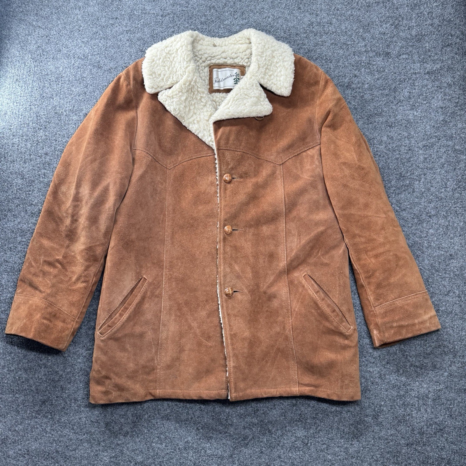 Vintage Sears Western Coat Suede Leather Jacket Sherpa Fieldmaster Size 40 Tall